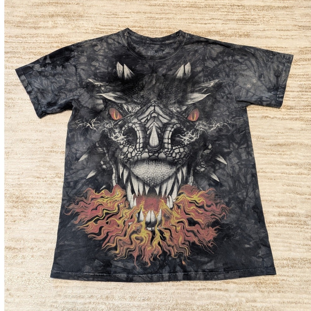 The Mountain Fire Breathing Dragon Graphic T-Shirt Mens Sz M Grey Tie Dye Faded